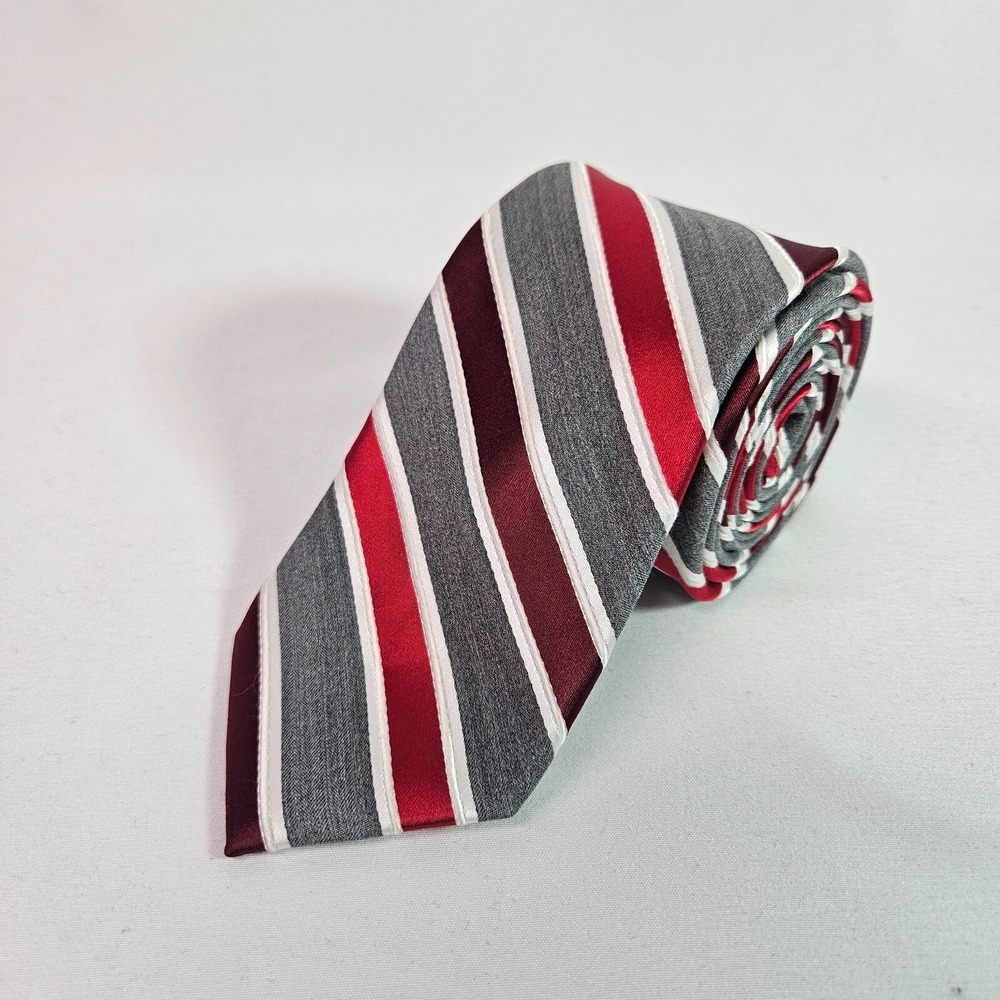 JF J. Ferrar Silk Blend Tie Gray Red White Stripes 2.75"‎ x 59.5"